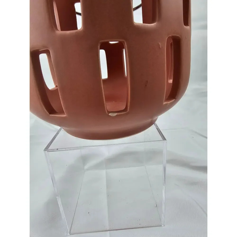 Terracotta Ceramic Lantern Modern Cutout Candle Holder Metal Handle Burnt Orange